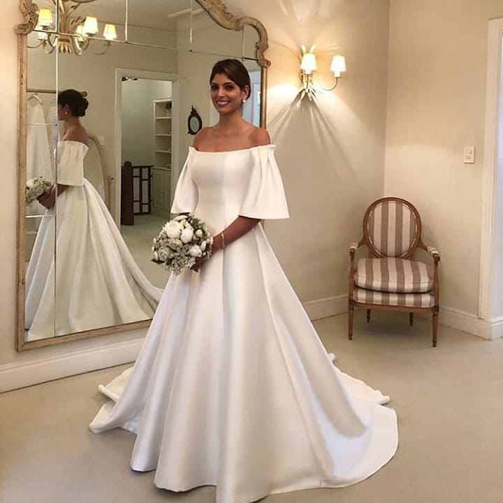 Simple Long A-Line Off the Shoulder Short Sleeve Satin Ruffles Train Wedding Dress