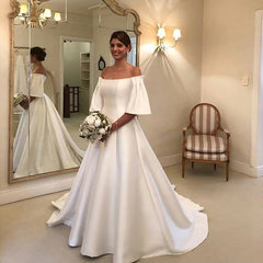 Simple Long A-Line Off the Shoulder Short Sleeve Satin Ruffles Train Wedding Dress