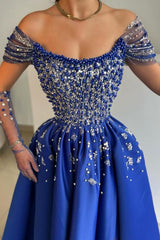 Royal Blue Long A-line Off the Shoulder Satin Formal Prom Dresses with Split Front