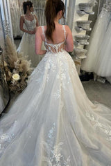 A-Line Backless Tulle Appliques Lace Long Wedding Dress with Sequins