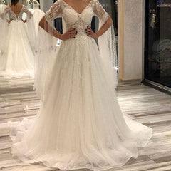 Elegant Long A-Line V-neck Short Sleeve Backless Appliques Lace Floor Length Wedding Dress