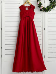 Red Long A-line Chiffon Floor Length Junior Bridesmaid Dress with Lace