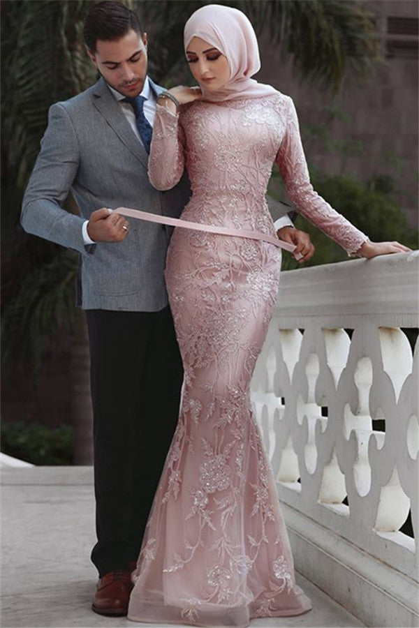 Long Mermaid High Neck Appliques Lace Tulle Prom Dress with Sleeves