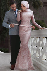 Long Mermaid High Neck Appliques Lace Tulle Prom Dress with Sleeves