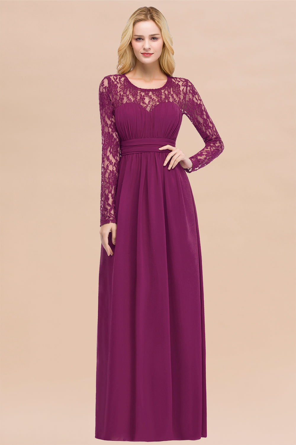 Elegant A-Line Chiffon Jewel Long Sleeves Ruffles Floor Length Bridesmaid Dresses