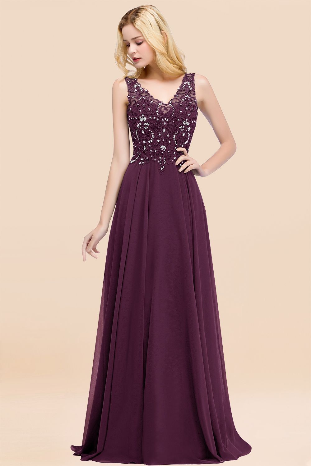 Dusty Rose Lace V-Neck Long Bridesmaid Dresses With Appliques