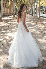 Long V-neck Open Back Appliques Tulle A-line Wedding Dress