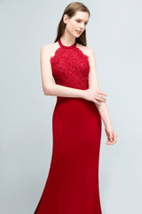 Long Halter Lace Satin Mermaid Red Evening Dress