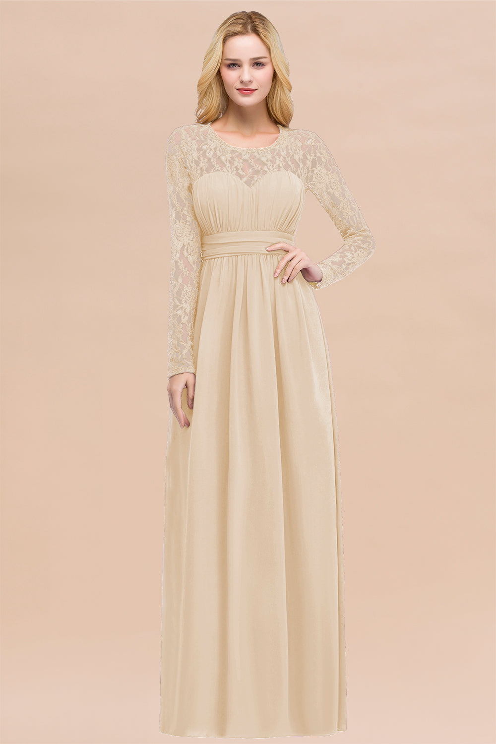 Elegant A-Line Chiffon Jewel Long Sleeves Ruffles Floor Length Bridesmaid Dresses