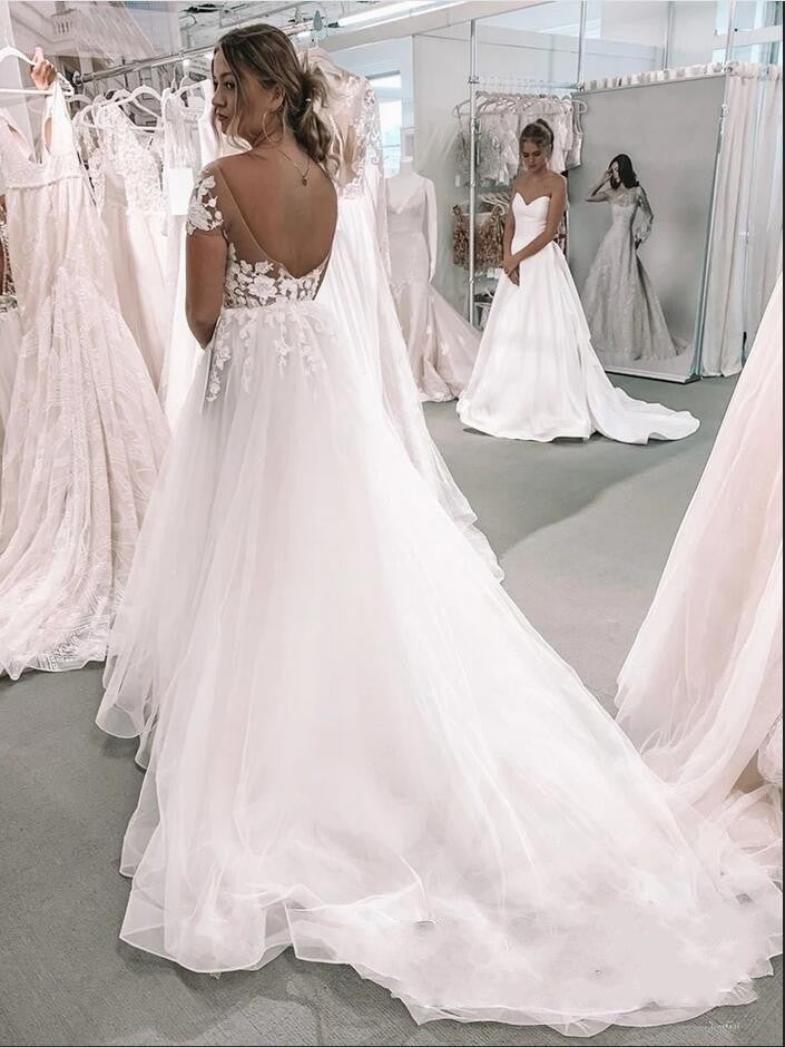 Plus Size Long A-Line Bateau Short Sleeve Appliques Lace Floor Length Tulle Wedding Dress