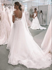 Plus Size Long A-Line Bateau Short Sleeve Appliques Lace Floor Length Tulle Wedding Dress
