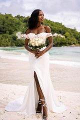 Simple Long Mermaid Sweetheart Off the Shoulder Wedding Dresses with Slit
