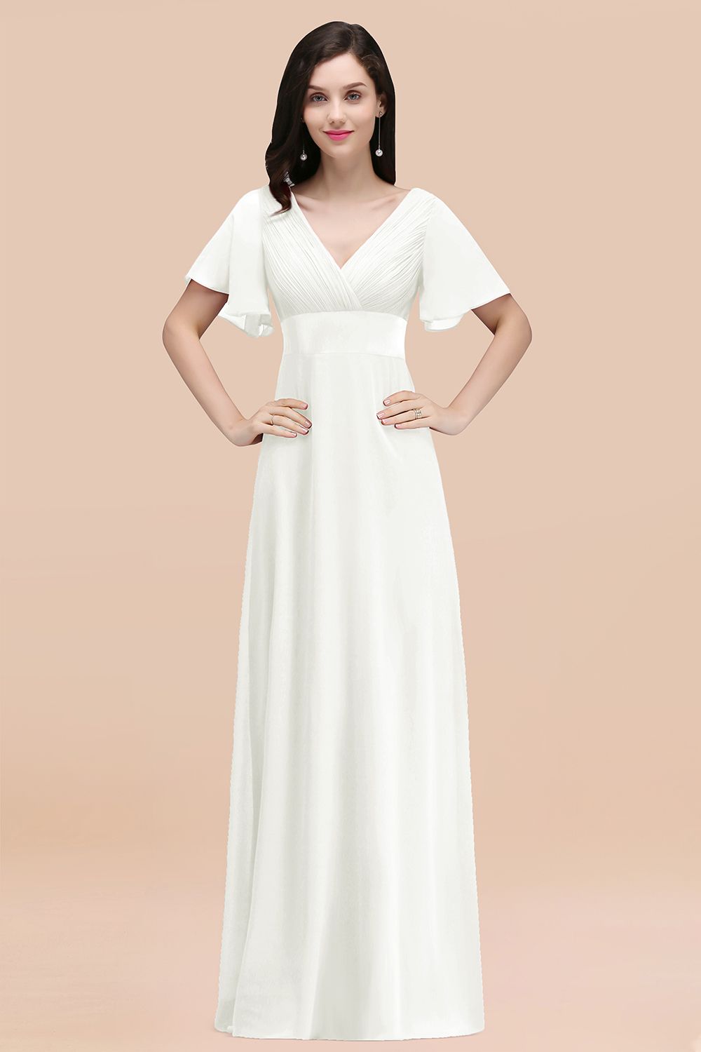 Simple A-Line Chiffon V-Neck Short Sleeves Ruffles Floor Length Bridesmaid Dresses