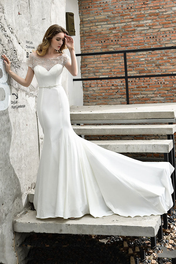 Long Mermaid Satin Lace Wedding Dress with Short Sleeve