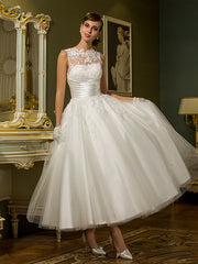 Short A-Line Satin Lace Ankle Length Vintage Wedding Dresses