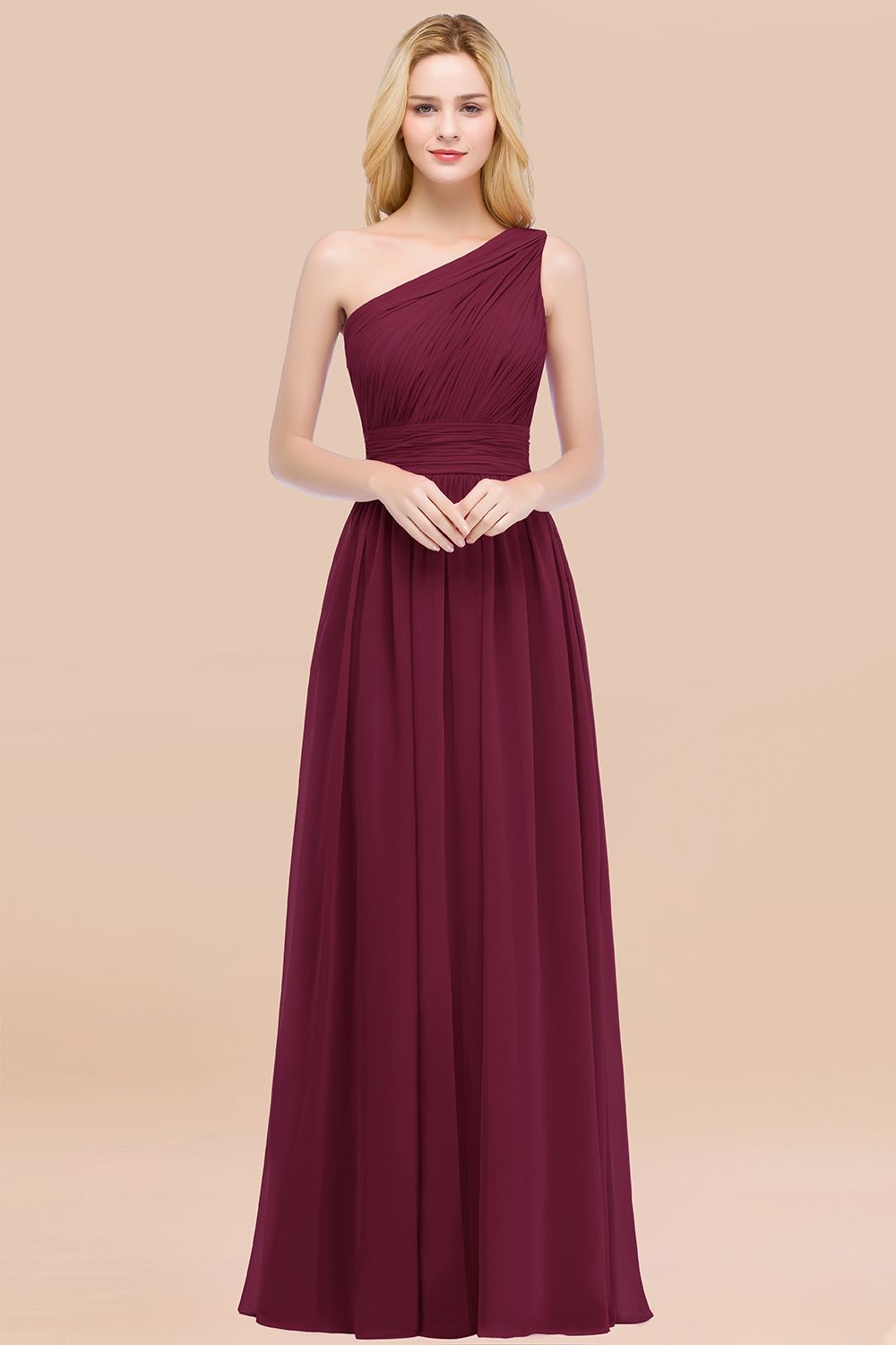 Elegant A-Line Chiffon One Shoulder Sleeveless Ruffles Floor Length Bridesmaid Dresses
