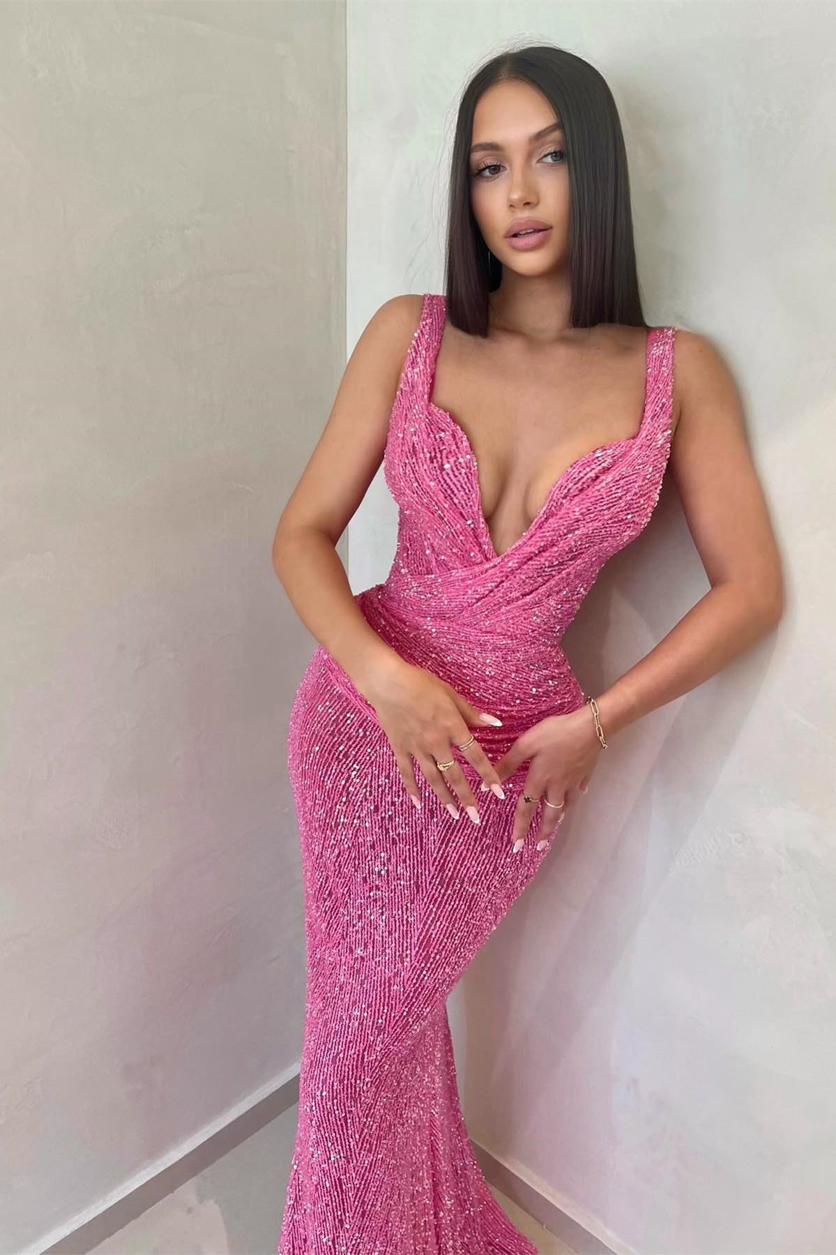 Sexy Mermaid Spaghetti Straps Deep V-Neck Prom Dress with Seqins