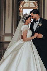 Gorgeous White Long Sleeves Ball Gown Floor length Wedding Dress with Beads