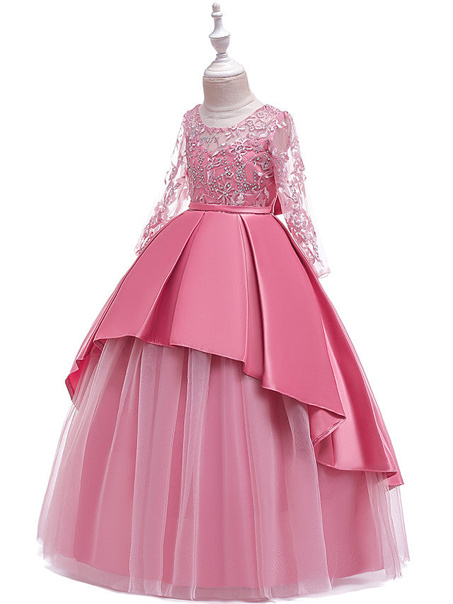 Long Ball Gown Satin Tulle Flower Girl Dresses with Sleeves