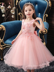 Ball Gown Tulle Sleeveless Jewel Neck Flower Girl Dresses with Appliques Lace