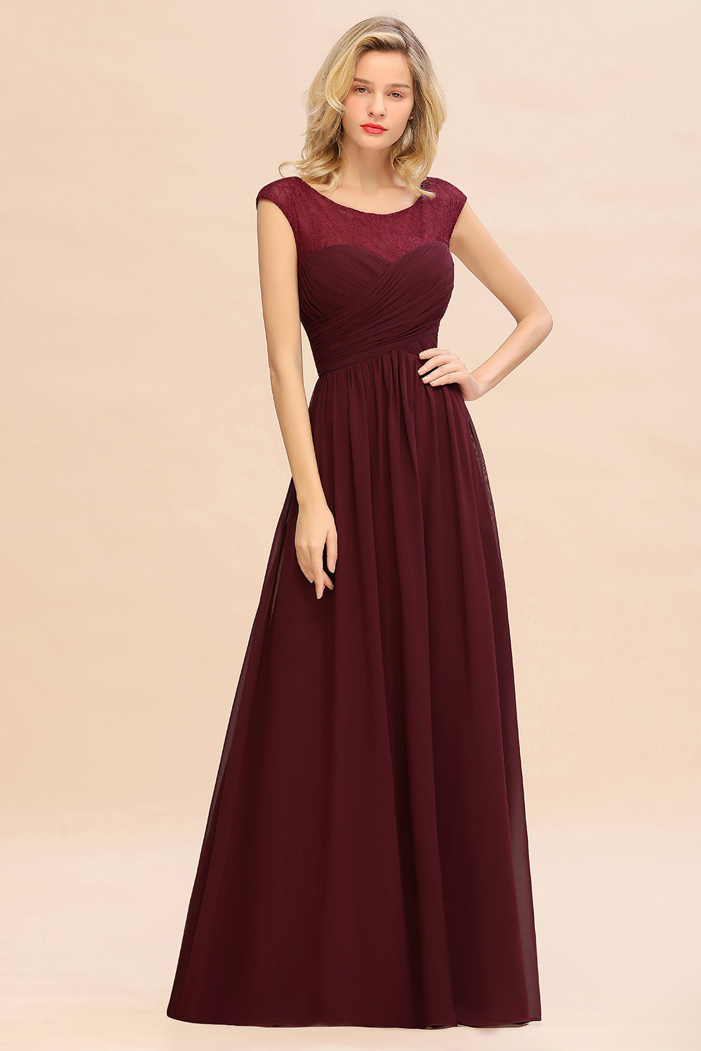 Chic Bateau A-Line Chiffon Party Dress Floor Length Ruffles Prom Dress