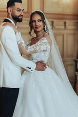Gorgeous Long Sleeves Appliques Lace White Long Tulle A-line Wedding Dress