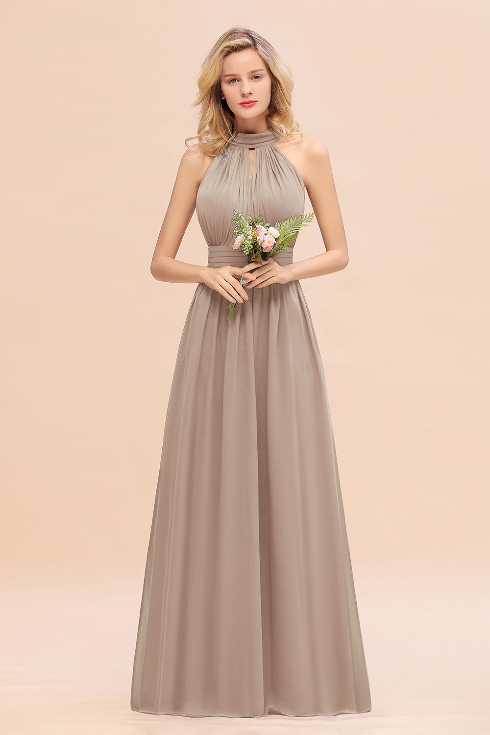 Dusty Sage Long High Neck Chiffon Bridesmaid Dresses with Ruffle
