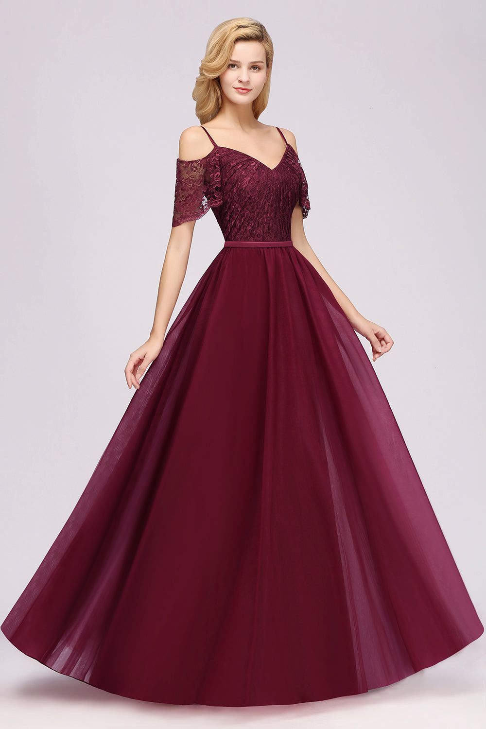 A-Line Chiffon Lace Sweetheart Spaghetti Straps Short Sleeves Floor Length Bridesmaid Dresses with Ruffles