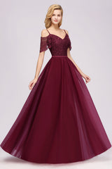A-Line Chiffon Lace Sweetheart Spaghetti Straps Short Sleeves Floor Length Bridesmaid Dresses with Ruffles