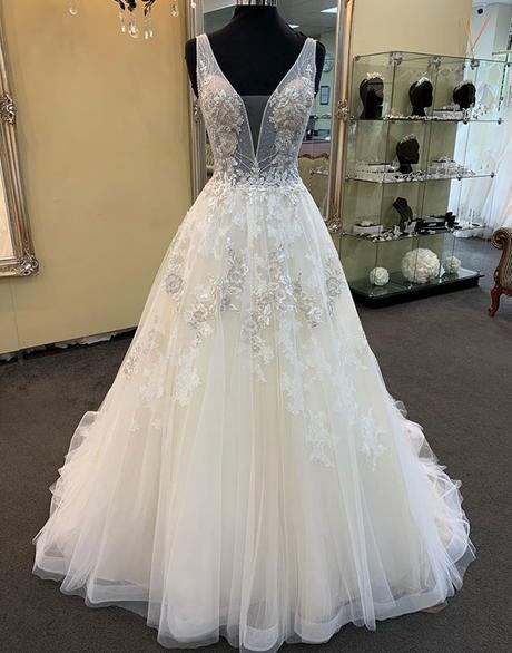 Unique White Tulle V Neck Long A-line Beaded Lace Wedding Dress
