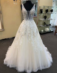 Unique White Tulle V Neck Long A-line Beaded Lace Wedding Dress