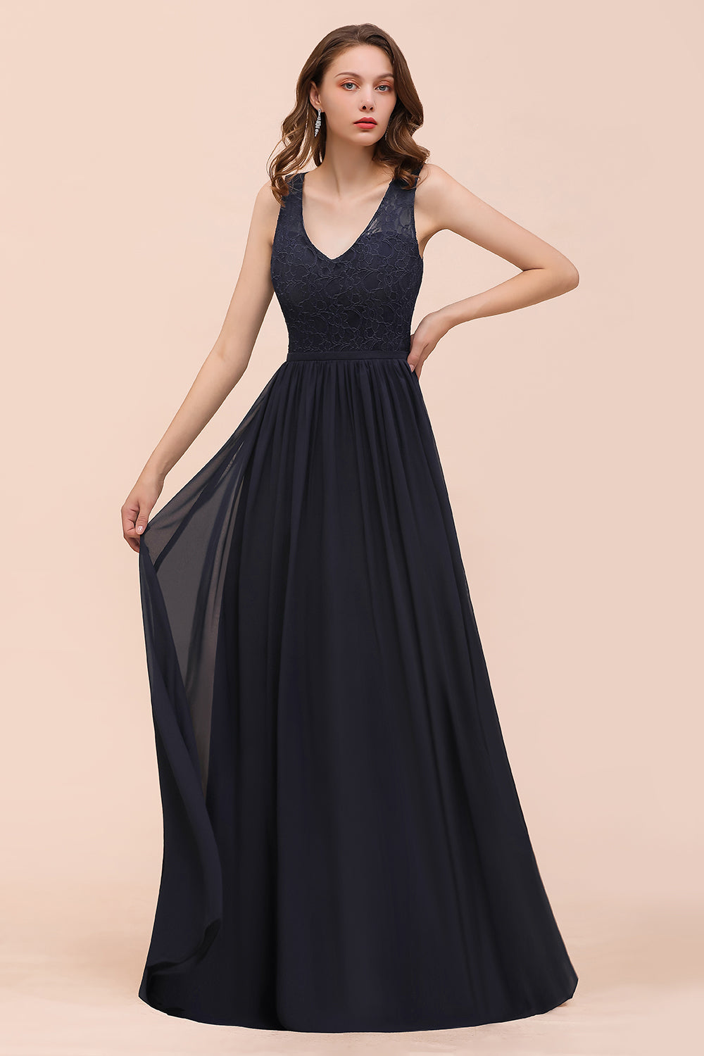 Elegant V-neck Wide Straps A-line Floor Length Chiffon Bridesmaid Dress With Ruched