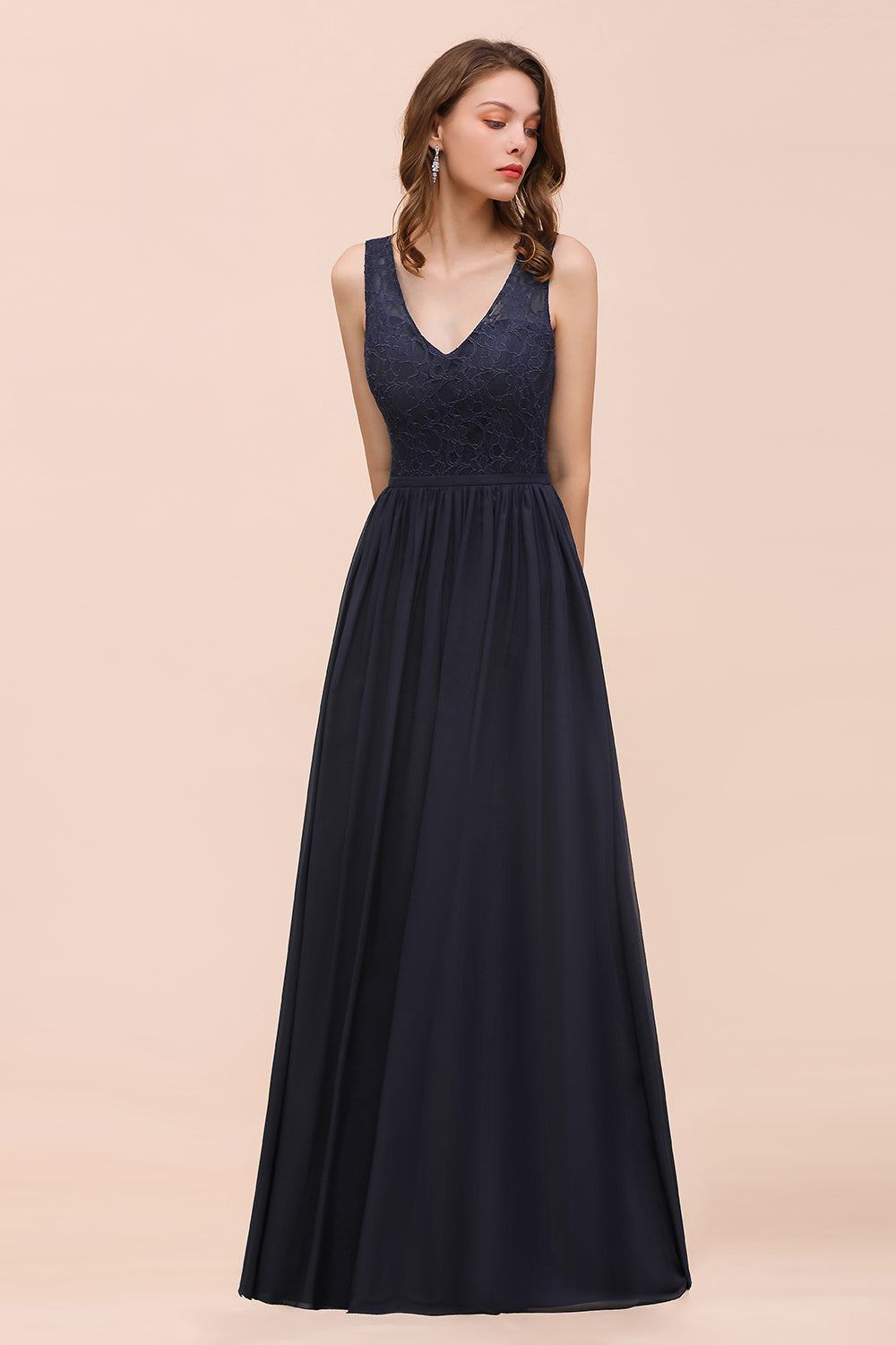 Elegant V-neck Wide Straps A-line Floor Length Chiffon Bridesmaid Dress With Ruched