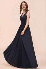 Elegant V-neck Wide Straps A-line Floor Length Chiffon Bridesmaid Dress With Ruched