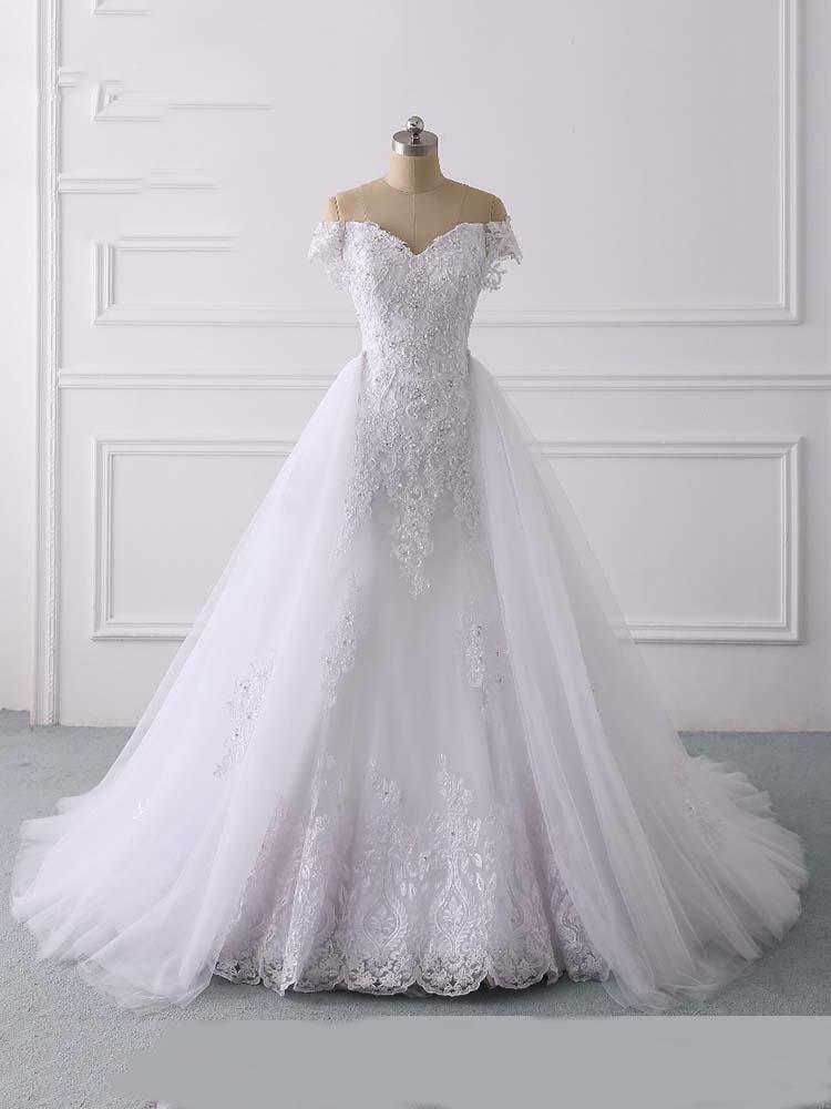 Glamorous Long Off the Shoulder Lace Tulle Mermaid Wedding Dresses