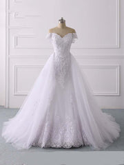 Glamorous Long Off the Shoulder Lace Tulle Mermaid Wedding Dresses