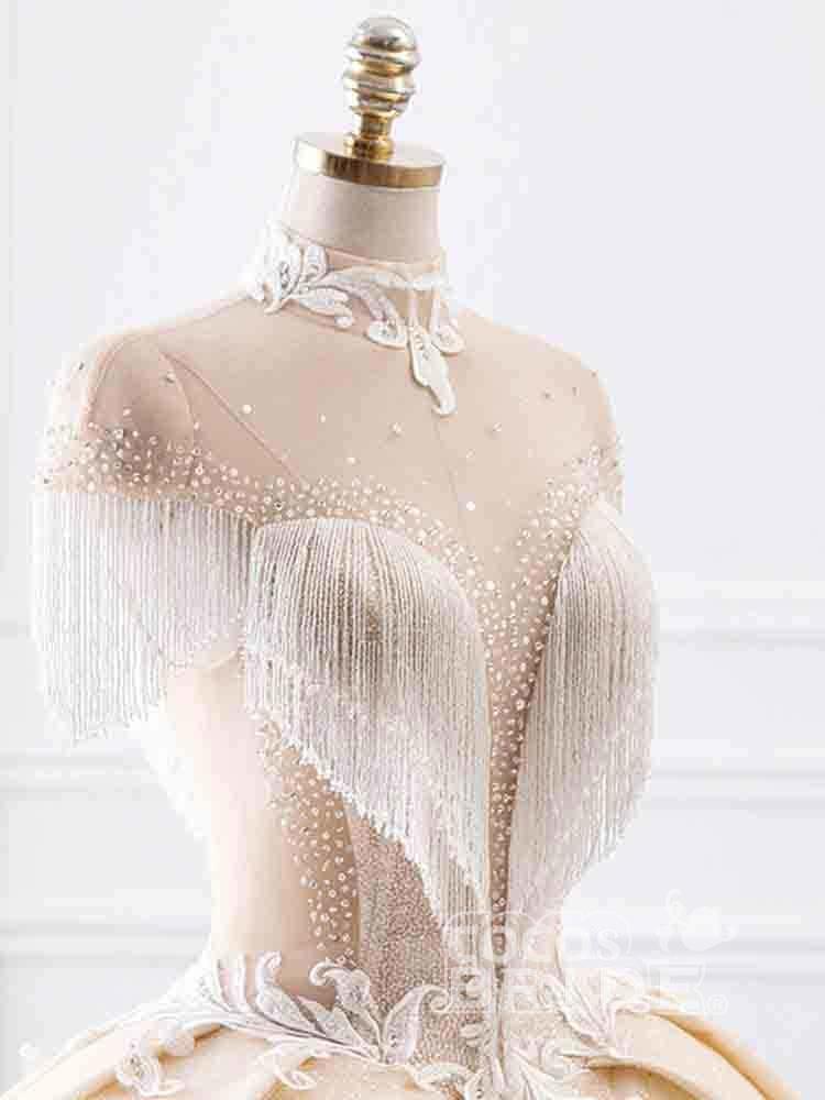Elegant Long High Neck Tassel Sleeves Ball Gown Wedding Dresses