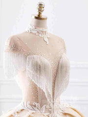 Elegant Long High Neck Tassel Sleeves Ball Gown Wedding Dresses