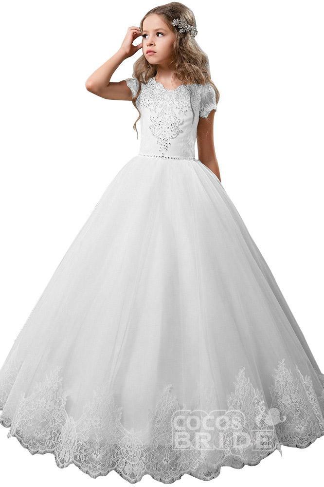 Long Scoop Neck Tulle Lace Ball Gown Flower Girl Dress