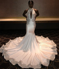 Chic Long Halter Appliques Lace Satin Mermaid Prom Dress