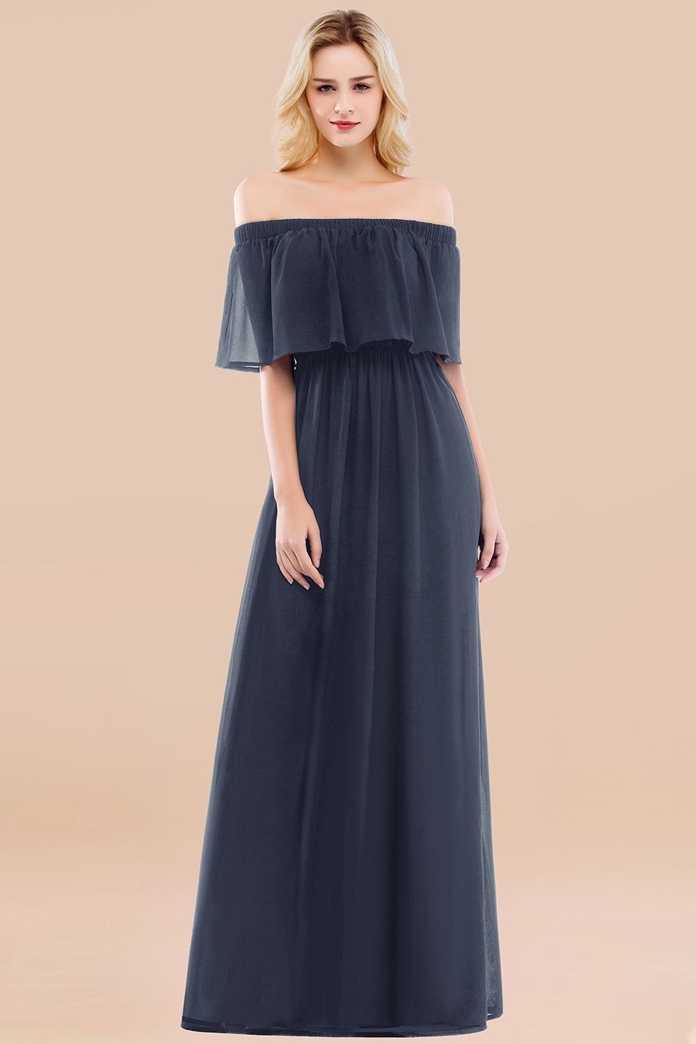 A-line Chiffon Off the Shoulder Short Sleeves Ruffles Floor Length Bridesmaid Dress