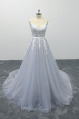 Long Applique Tulle Spaghetti Strap A-line Backless Wedding Dress