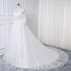 White Long A-line Lace Flowers Half Sleeves Bridal Wedding Dress
