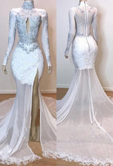 White Long Sleeves Mermaid High Neck Lace Prom Dresses with Slit