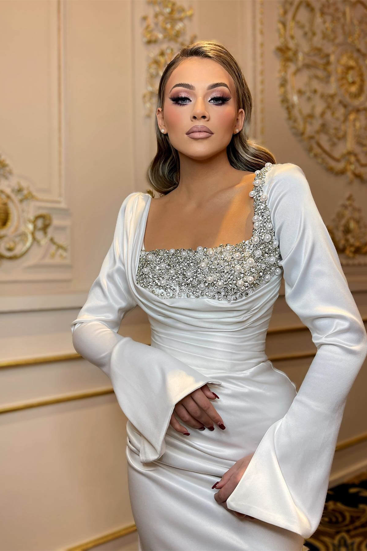 Square Neck Long Sleeve Mermaid White Satin Formal Dress with Beads
