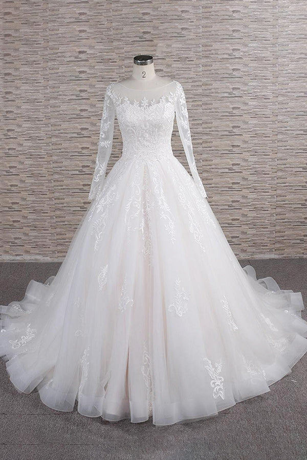 Elegant Long A-line Appliques Lace Tulle Wedding Dress with Sleeves
