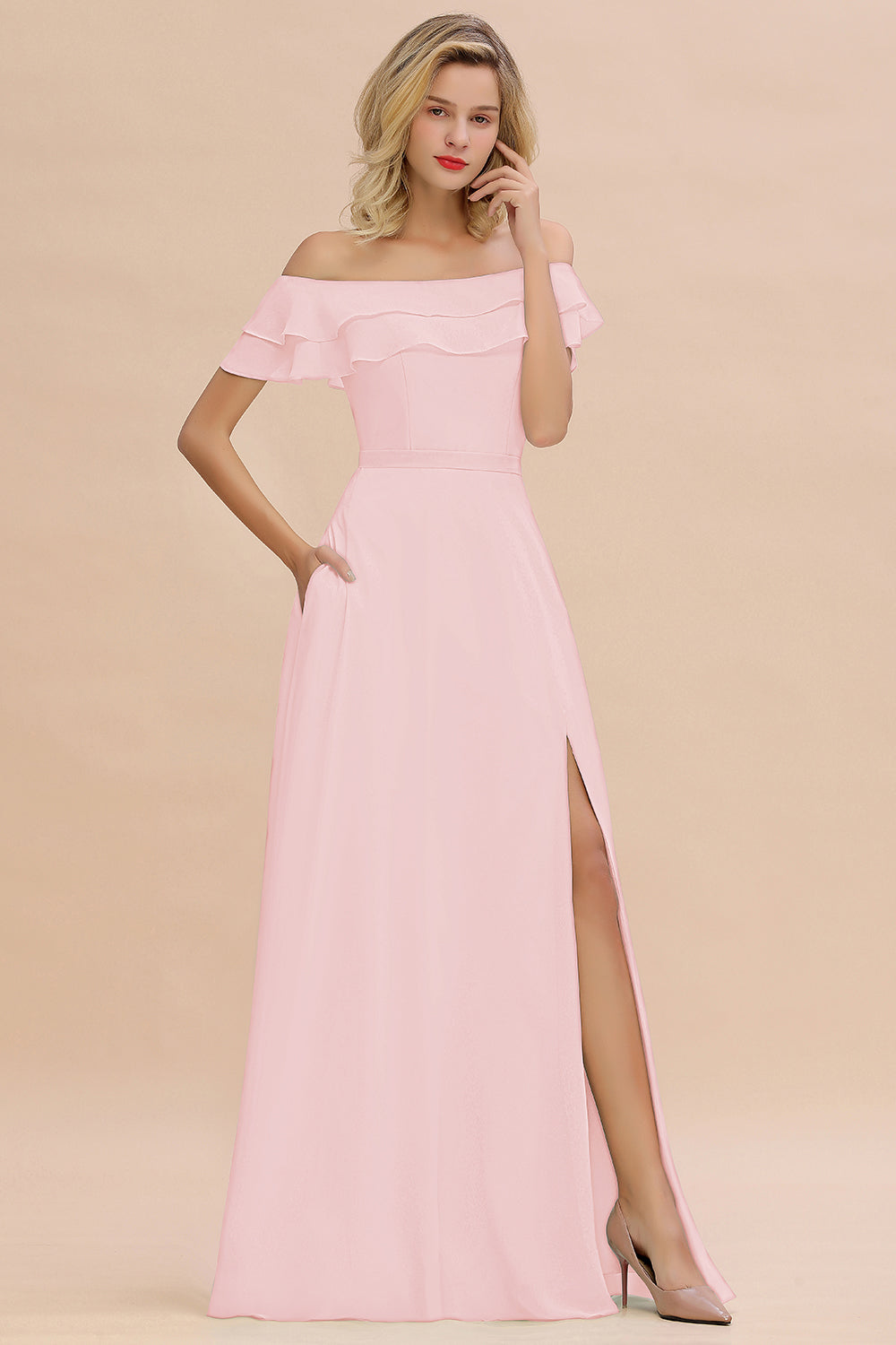 Off the Shoulder Front Slit Mint Green Long Bridesmaid Dress