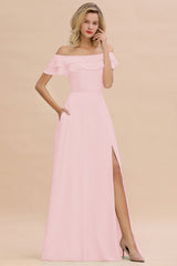 Off the Shoulder Front Slit Mint Green Long Bridesmaid Dress