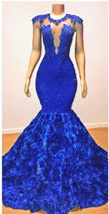 Royal Blue Long Flowers Sleeveless Mermaid Prom Dress With Lace Appliques