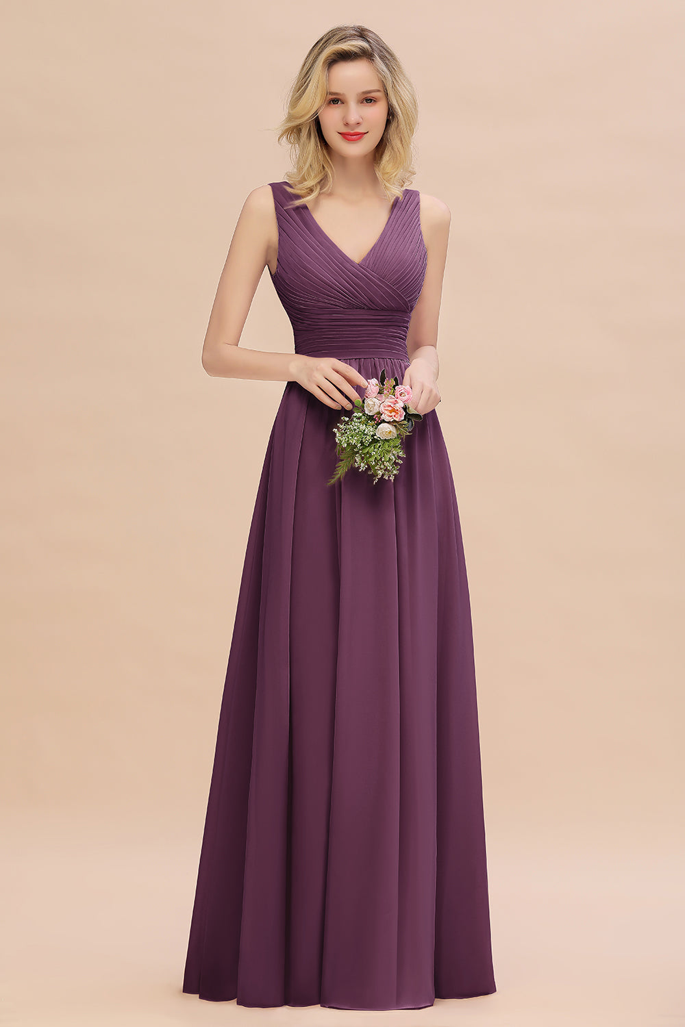Elegant A-line V-Neck Ruffles Long Bridesmaid Dress